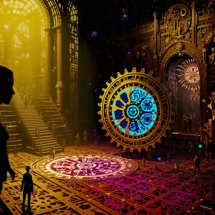 A golden cog with blue insets stands in a shadowy amber hall of arches and stairs.