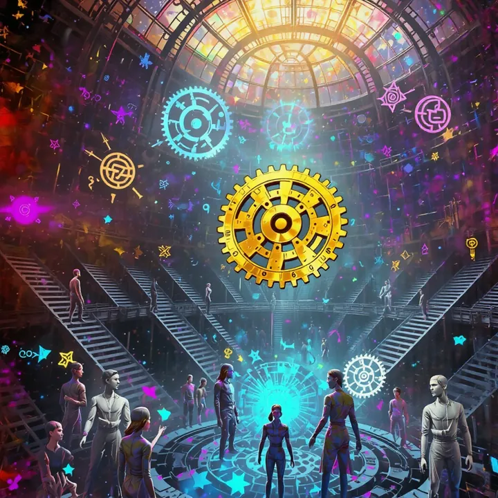 A golden cog floats in a grey hall of statues and drifting symbols under a glass dome.