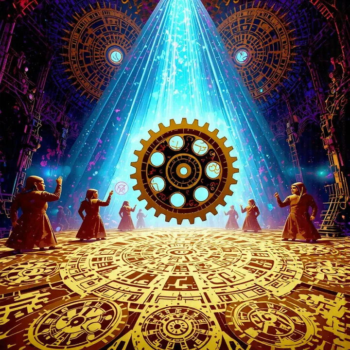 A bronze cog hangs in a cyan beam of light above a golden patterned floor, watched by robed figures.