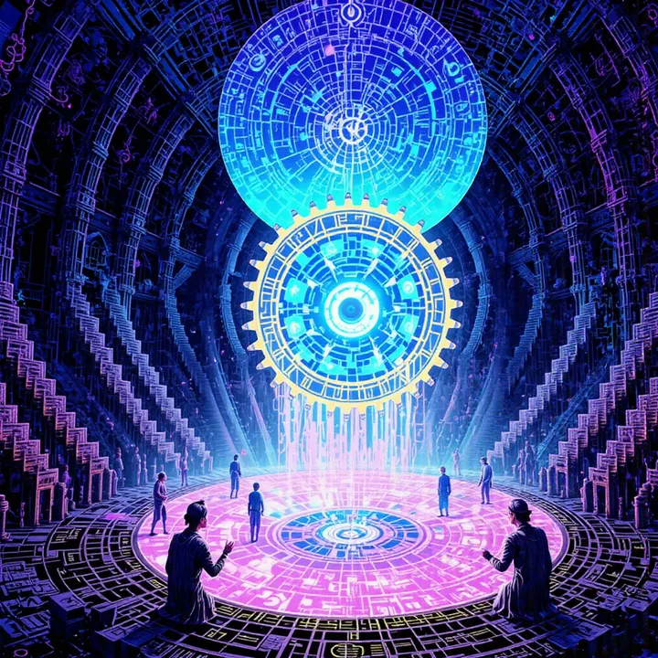 A cyan cog hangs below a glowing blue sphere as kneeling figures face a pink-lit floor.