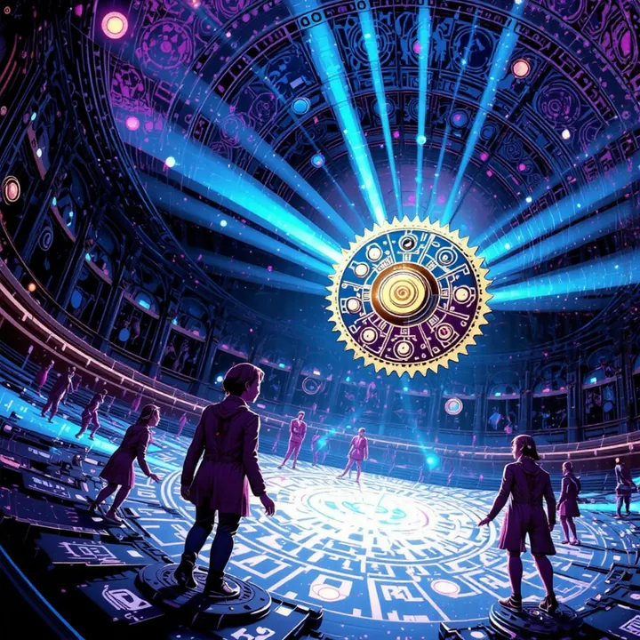 Cyan beams radiate from a small golden cog above a dark circular arena where a few figures walk.