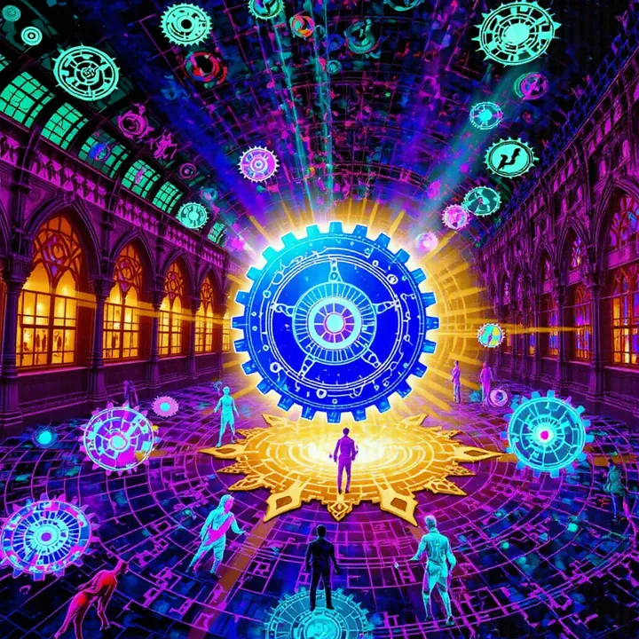 A blazing blue cog floats over a star-shaped golden base in a violet arcade of lit windows.