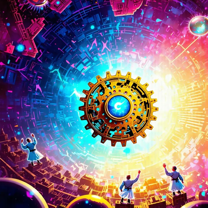 An ornate golden cog with a blue core bursts with white light above figures raising their arms on a rocky ledge.