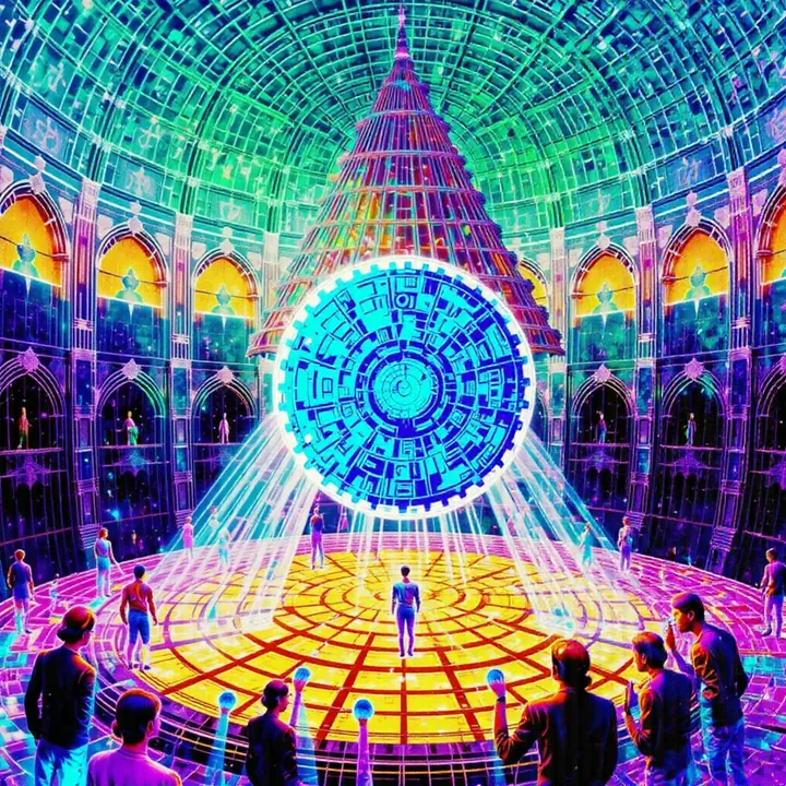 A blue glyph-covered disc floats before a golden pyramid inside a rainbow-arched cathedral, above a crowd on a yellow floor.