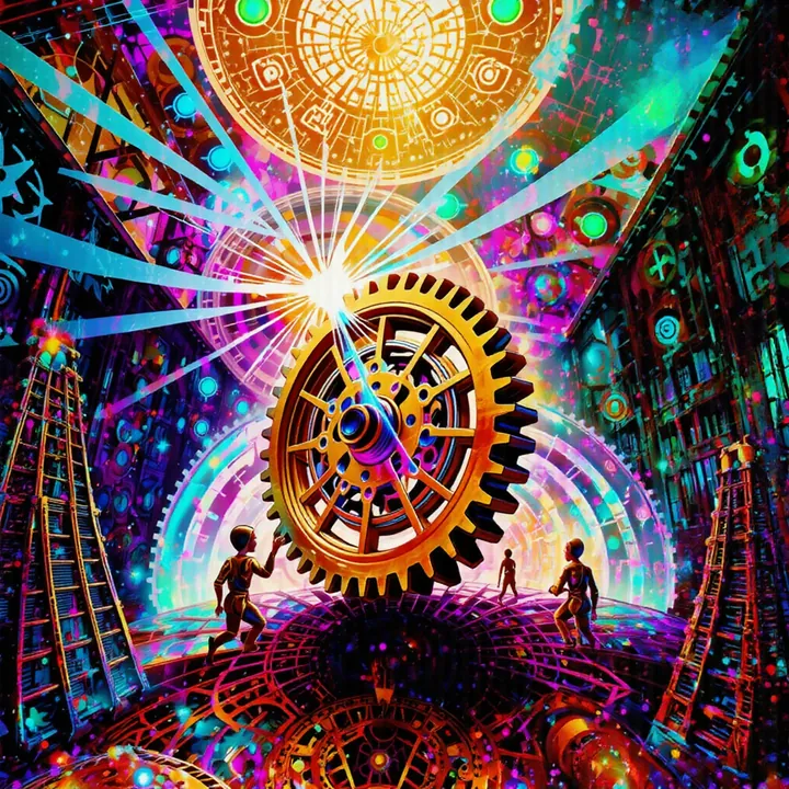 A bronze cog with a blue hub stands between two ladders under a golden sunburst.