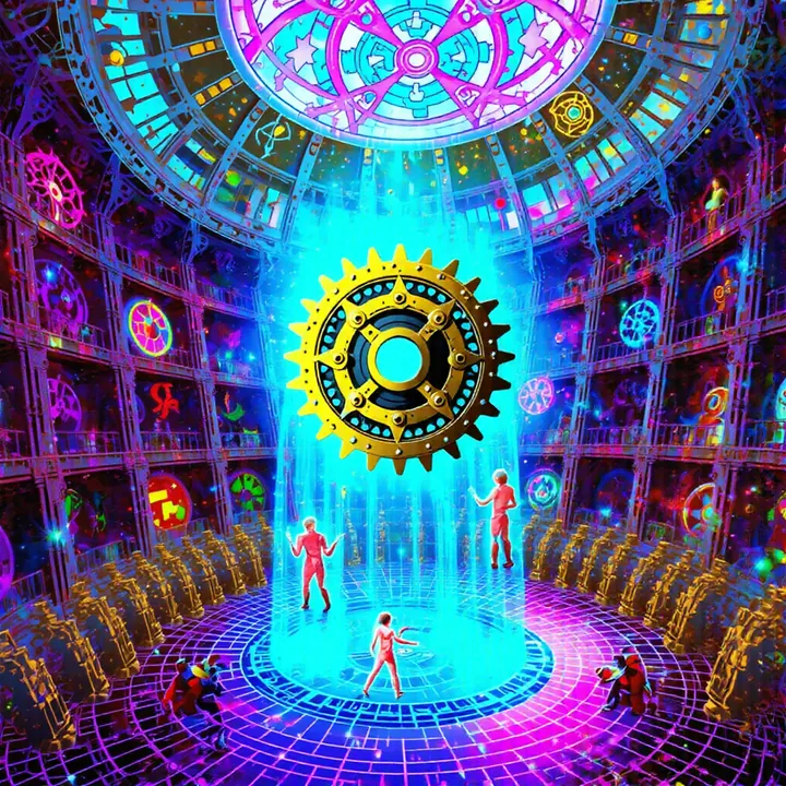 A golden cog glows inside a column of cyan light in a violet hall lined with glowing symbols.