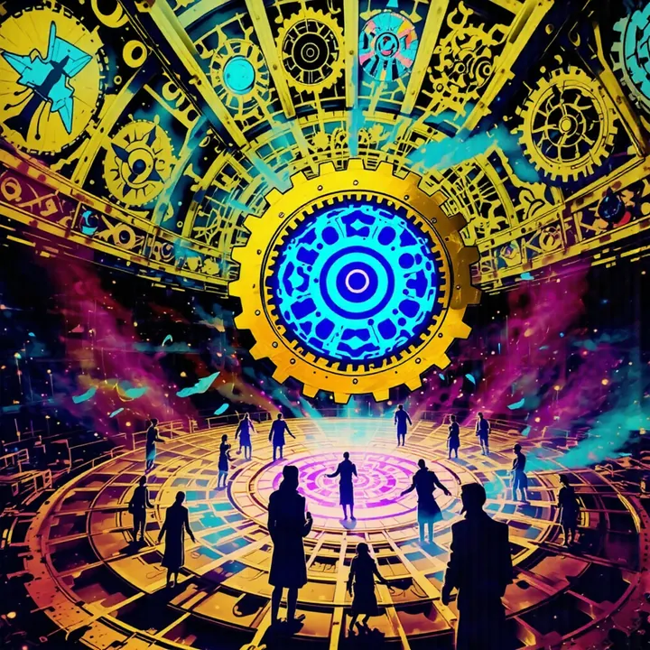 A golden cog with a blue centre rises behind a dark crowd standing on a yellow and violet ring.