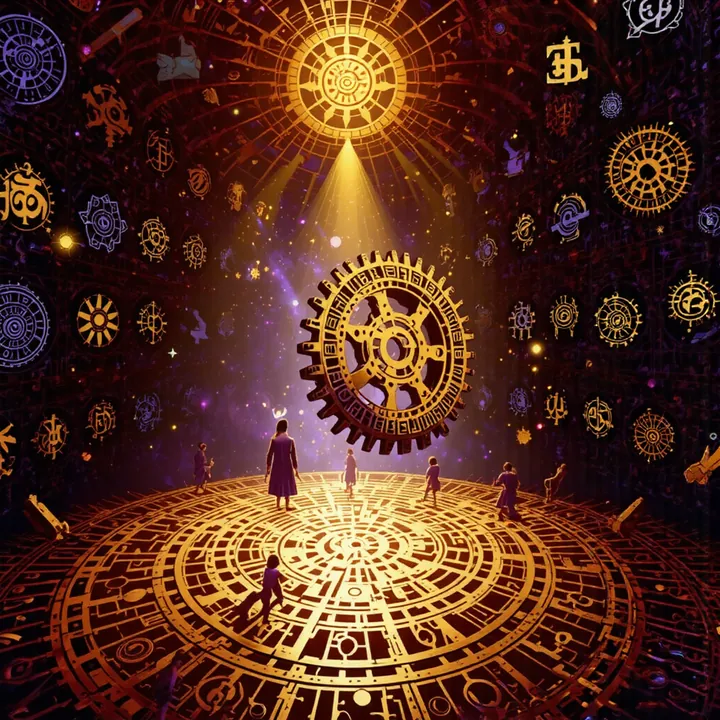 A dark golden cog hangs in a black sky of small glowing gold symbols above a lone figure on a golden mandala.