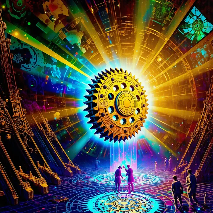 Two figures touch hands under a beam of light beneath a blazing golden cog, surrounded by rays and a few onlookers.