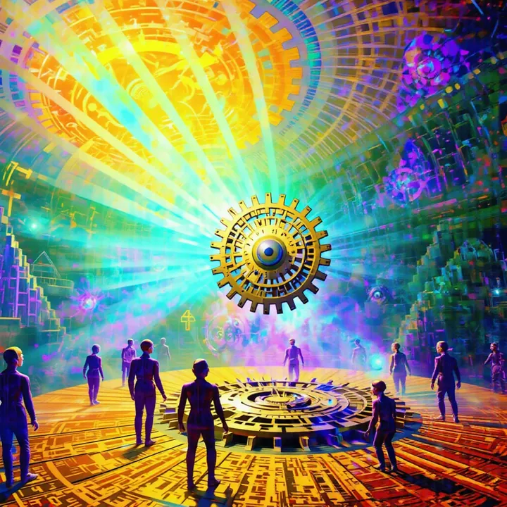 Figures stand on a golden mandala floor around a floating golden cog with a blue eye, lit by rays of yellow, green and violet light.
