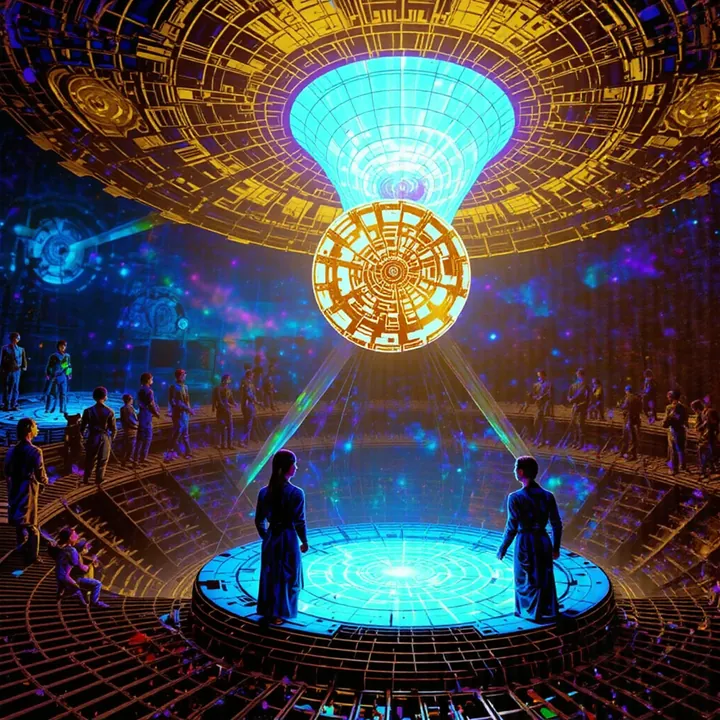 A funnel of cyan light pours from a golden ceiling onto a golden cog above a glowing blue dais where two figures stand.