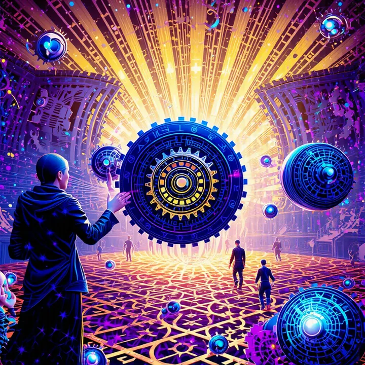 A figure in a dark coat reaches toward a huge blue and gold cog surrounded by floating spheres in a violet hall.