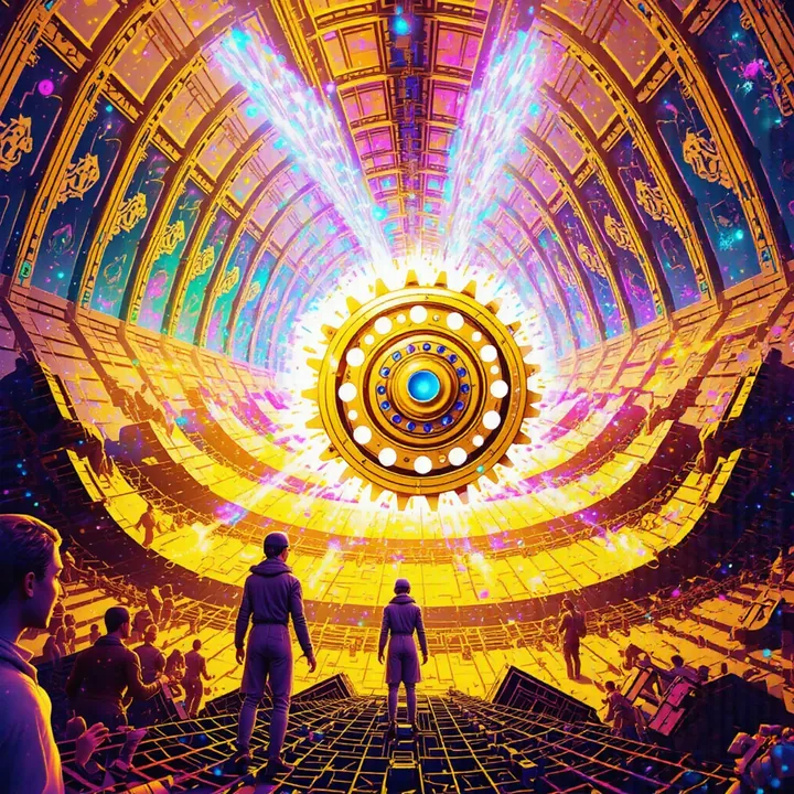A golden cog with a blue centre floats in a golden vaulted hall as a small group of figures watches from below.