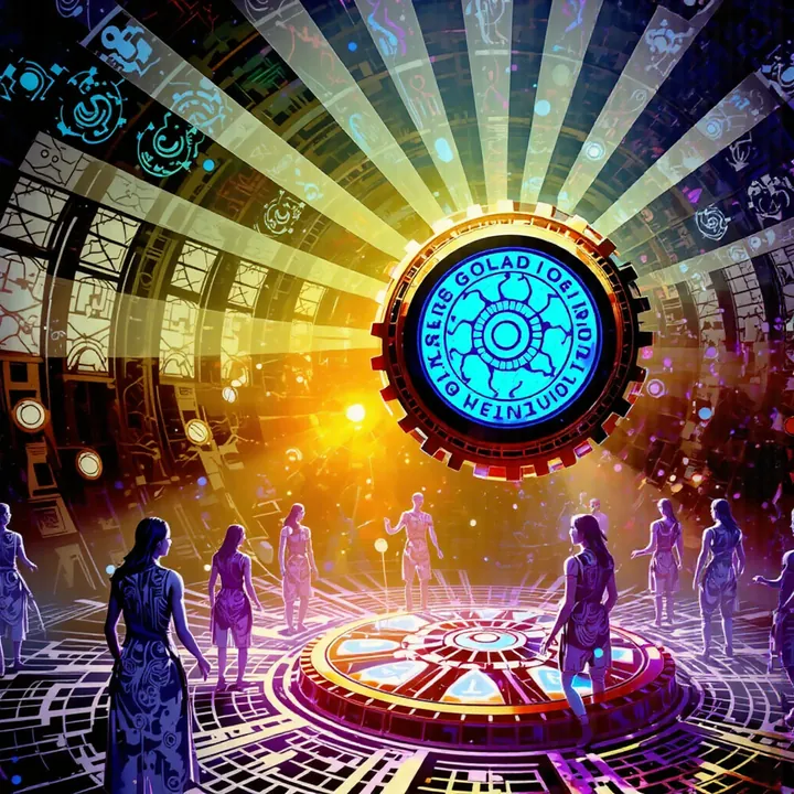 A cog ringed with inscribed letters glows cyan and gold in a sunlit hall as figures gather around a circular red platform.