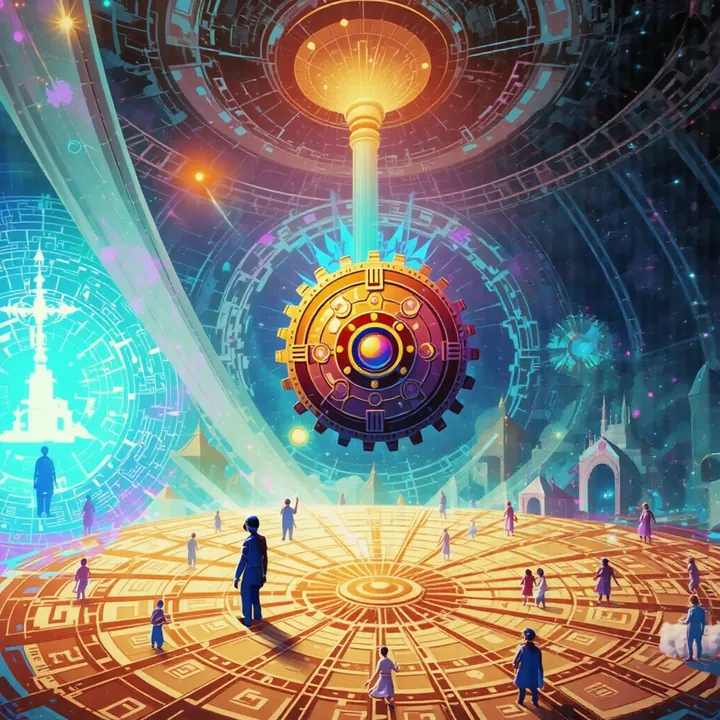 A bronze cog hangs from a glowing lamp over a vast amber floor where tiny figures stand.