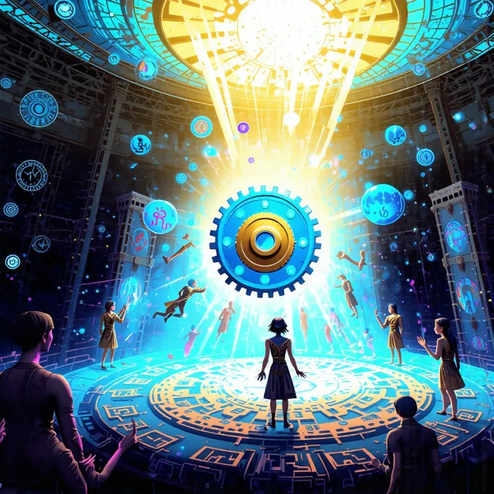 A glowing cog with a golden hub floats in a shaft of white light while figures drift upward around it.