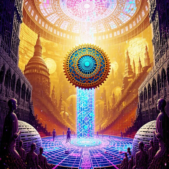 A teal and gold cog tops a pillar of blue light rising between golden spires and domes.