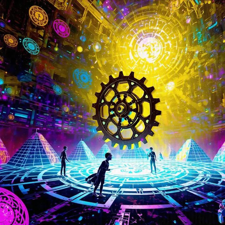 A black and gold cog floats above a glowing blue grid lined with wireframe pyramids under a yellow sky.