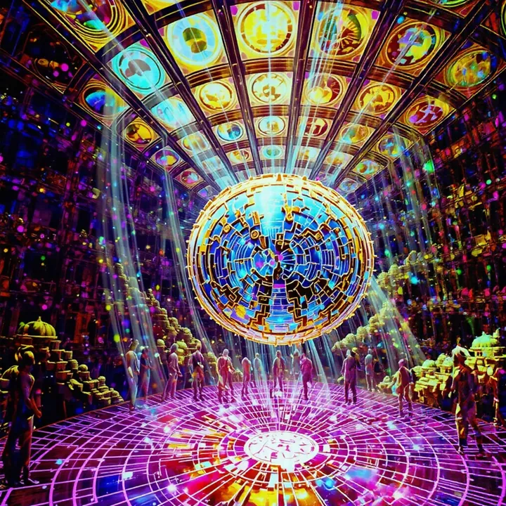 A glowing mosaic sphere hangs under a domed ceiling of lit panels as streaks of white light fall onto a crowd on a violet floor.