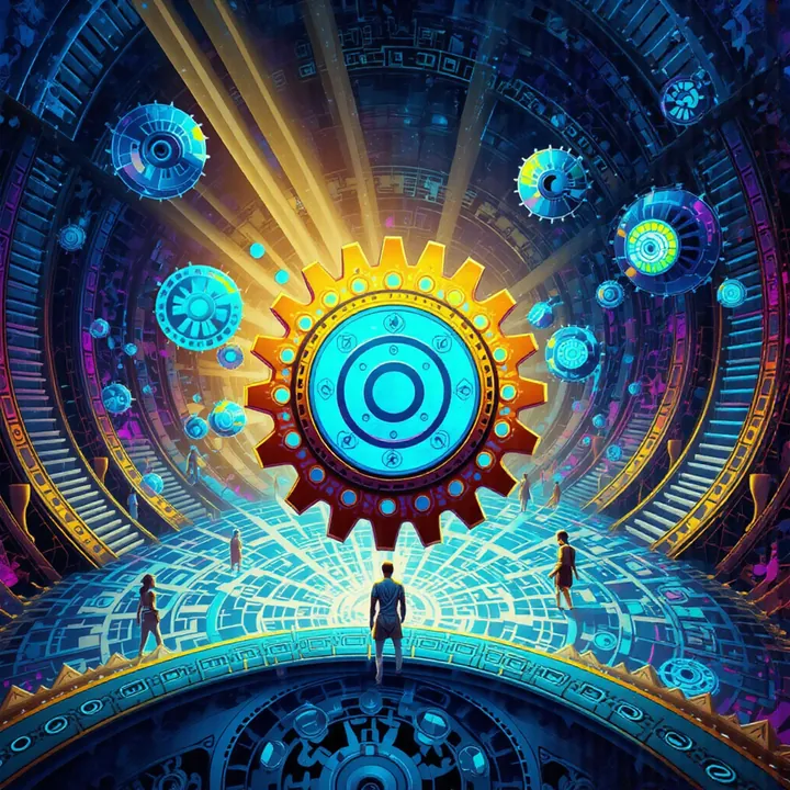 A golden cog with cyan rings floats above an icy blue floor, surrounded by small orbiting gears.