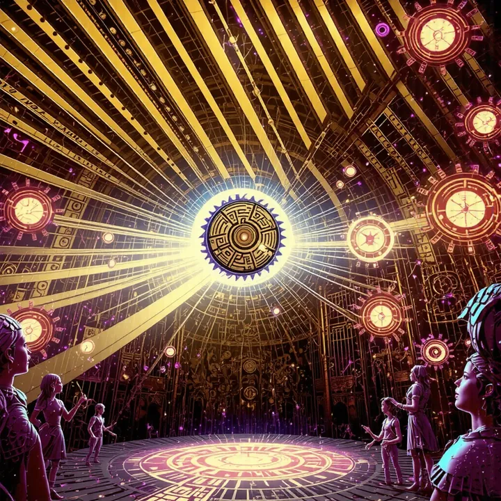 Golden rays burst from a dark and gold cog in a domed hall ringed with glowing red clock-like gears, as figures look up from a round floor.