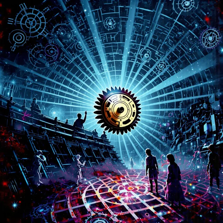 A silver cog radiates white rays across a dark blue hall as silhouettes watch from the stairs.
