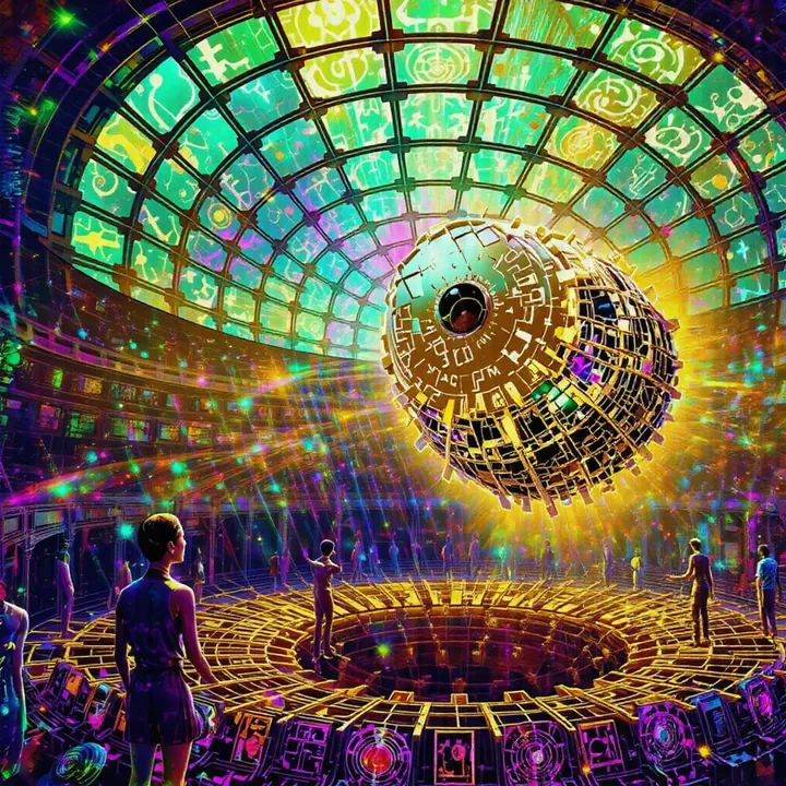 A golden sphere of gears hovers over a pit beneath a green glass dome, watched by figures on the rim.
