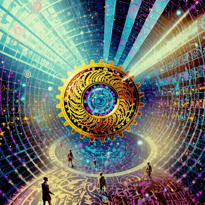 A gold cog etched with spirals floats inside a curving tunnel of blue and gold grid lines.