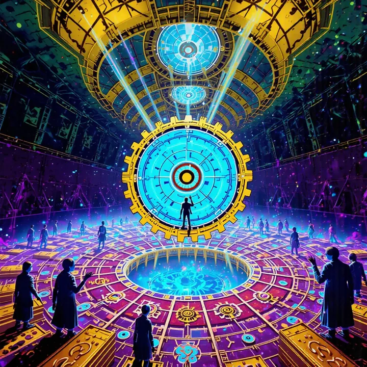 A figure stands inside a giant cyan cog above a round pool on a violet mandala floor, with more figures gathered around.