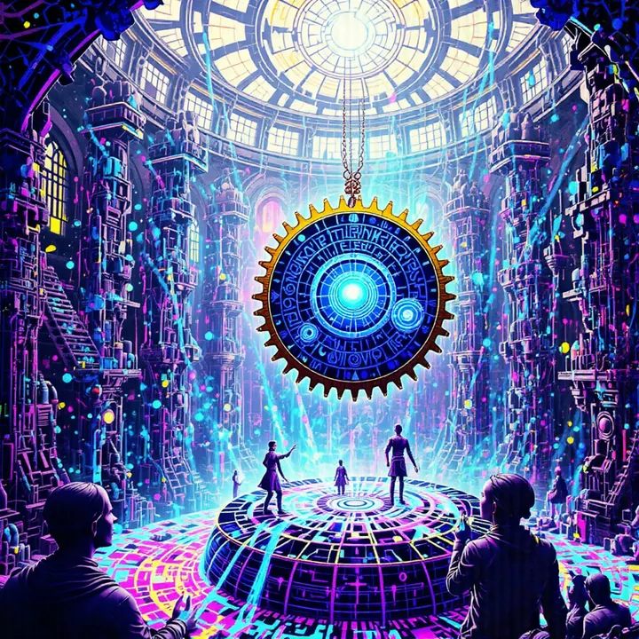 A blue and gold cog hangs from a chain in a pale cathedral as silhouettes look up from the foreground.