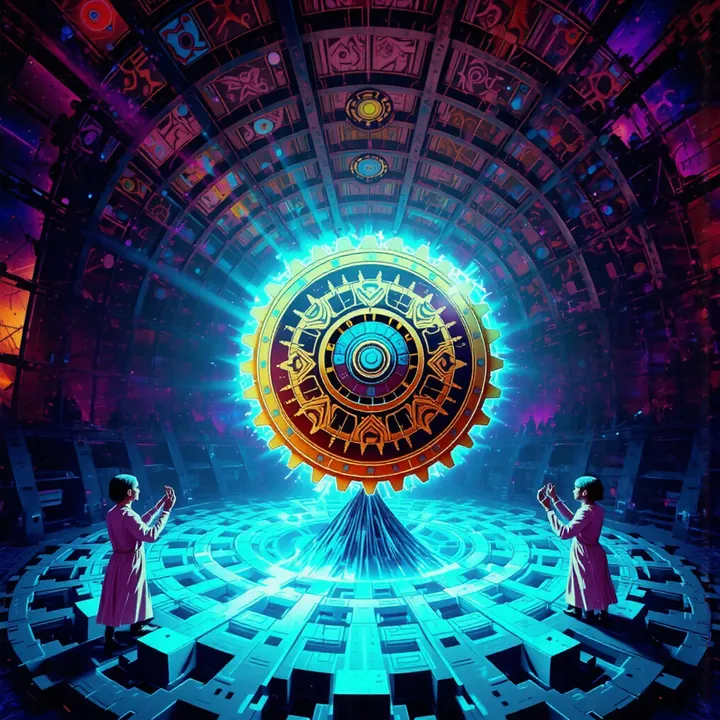 A golden cog glows with cyan light in a dark tiled chamber while two figures hold up their hands.