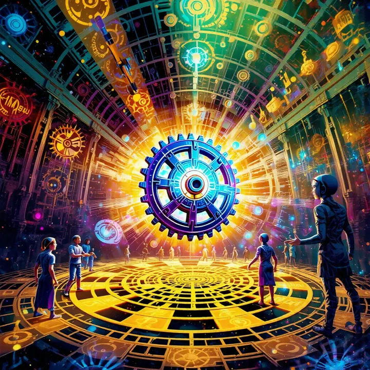 A blue and white cog with a dark iris floats above a golden mosaic floor as figures gather in a pillared hall.