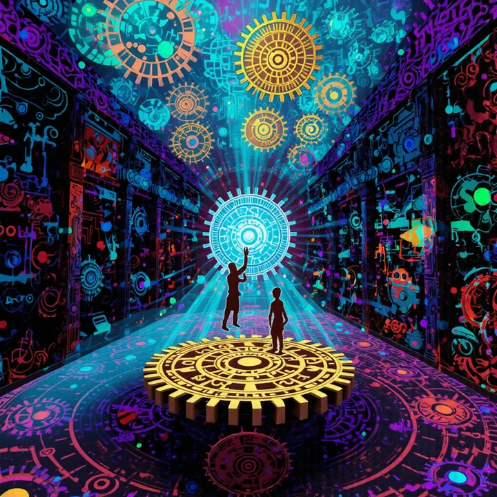 A figure reaches up toward a pale blue cog at the end of a dark corridor lined with glowing symbols and floating golden gears.