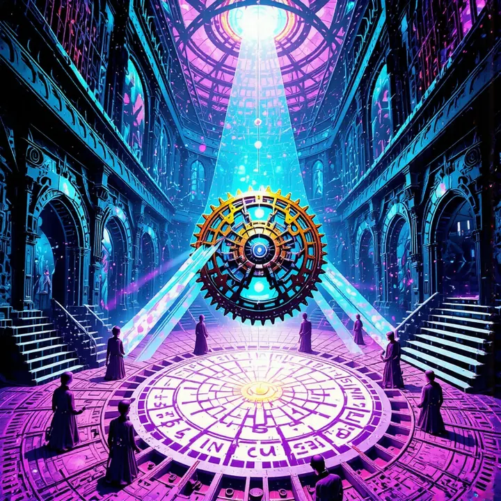 Beams of pink and blue light cross at a golden cog in a gothic hall with staircases and a violet floor.