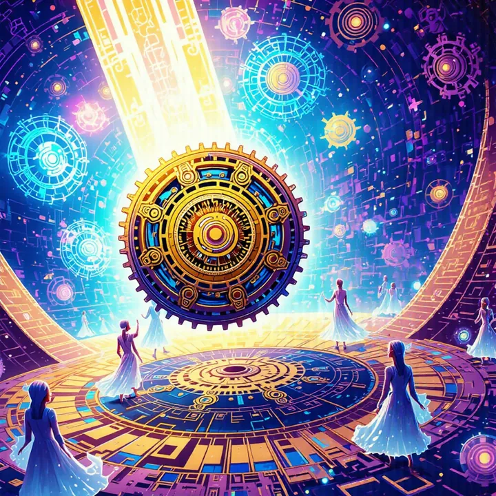 Figures in white gowns dance around a golden cog that floats before a starfield.