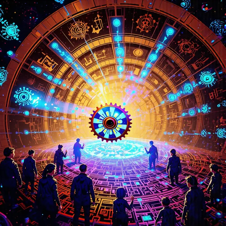 A giant golden cog with a blue eye at its centre hangs beneath a vast arch covered in glowing glyphs, watched by a crowd of silhouetted figures.