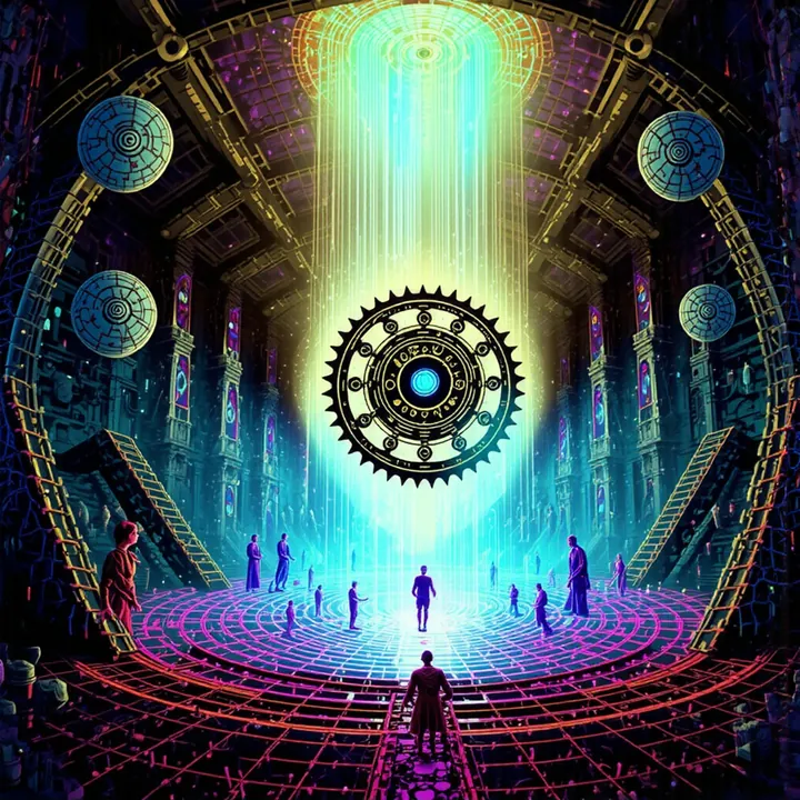 A black cog with a cyan eye sits in a waterfall of pale light inside a dark circular chamber.