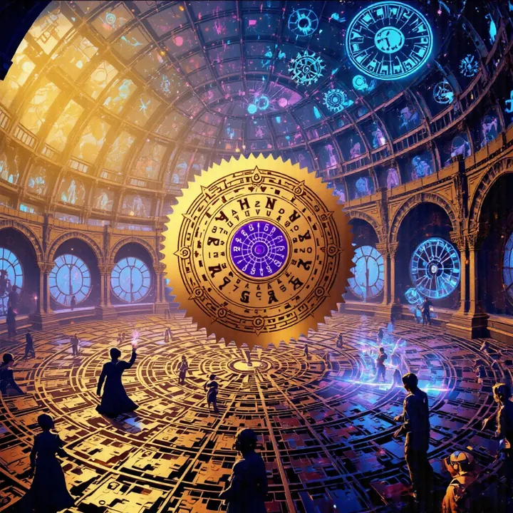 A golden disc engraved with letters floats in an arched hall above a patterned floor.