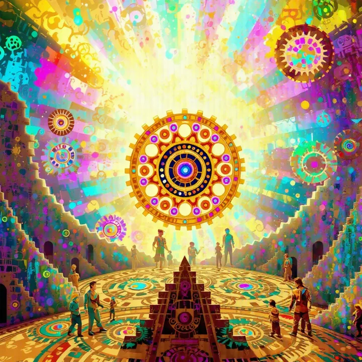 A cog mandala blazes in a sky of pale gold above a small pyramid and a crowd on a patterned floor.
