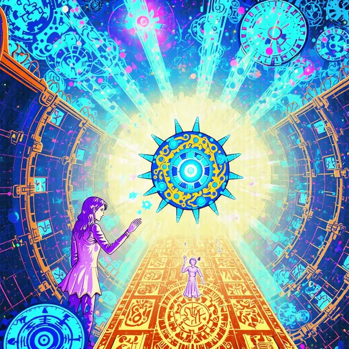 A violet figure on a golden path reaches toward a blazing blue star-shaped cog as another small figure walks ahead.