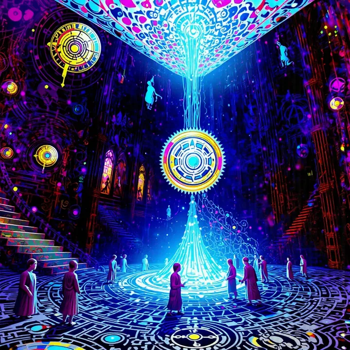 Light pours through a golden cog like sand through an hourglass, pooling into a spiral where figures gather.