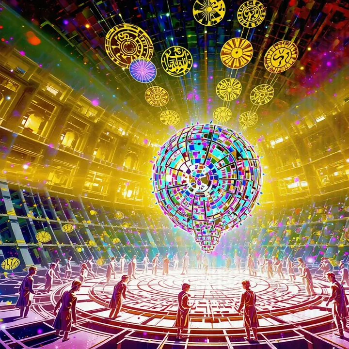 A glass sphere full of coloured shards hangs like a lantern above a golden arena ringed with figures, under floating golden medallions.