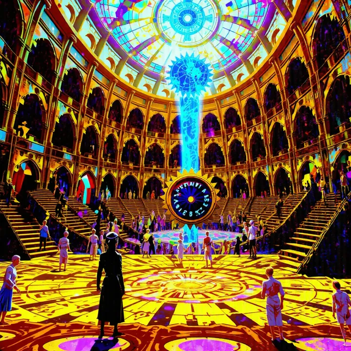 A column of blue light descends through a tiered golden hall toward a dark cog and a crowd below.