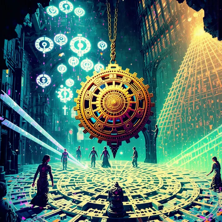 A golden cog hangs from a chain like a pendulum above a pale maze floor as figures walk among glowing symbols.