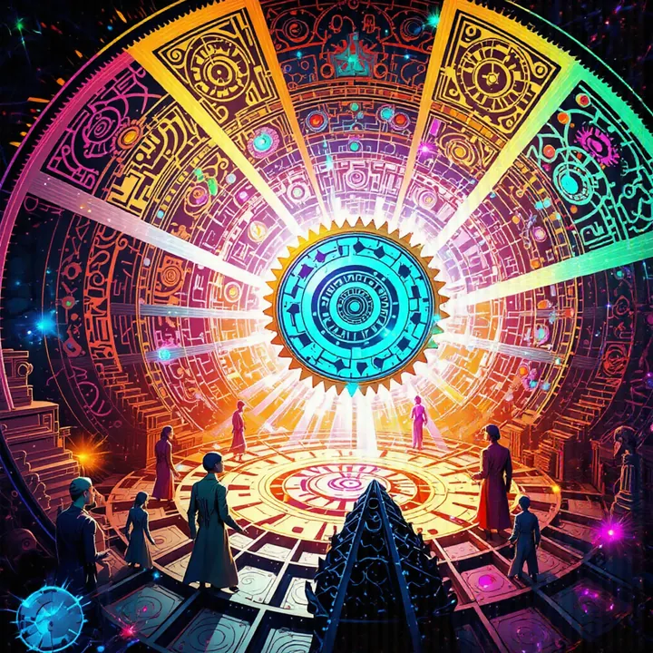 A turquoise cog glows at the centre of a huge golden radial chamber, with small robed figures standing on the floor below.