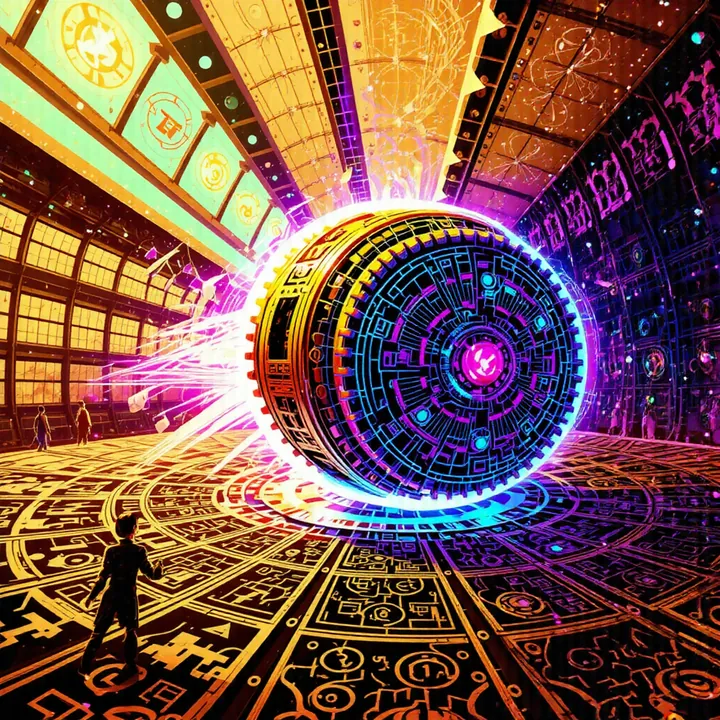 A cylindrical cog rolls through a golden hall trailing violet light over a patterned floor.
