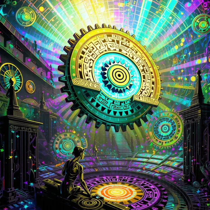 A seated figure rests beneath an enormous tilted green-gold cog that radiates rainbow light.