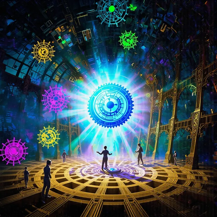 A figure raises a hand toward a blazing blue cog as smaller neon cogs float in a dark hall of golden arches.