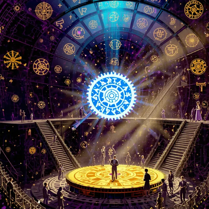 A glowing white glyph cog shines above a round stage in a dark amphitheatre with staircases on both sides.