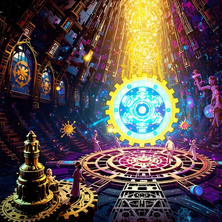 A bright golden cog with a cyan face glows in a shadowy room beside a golden tower ornament.